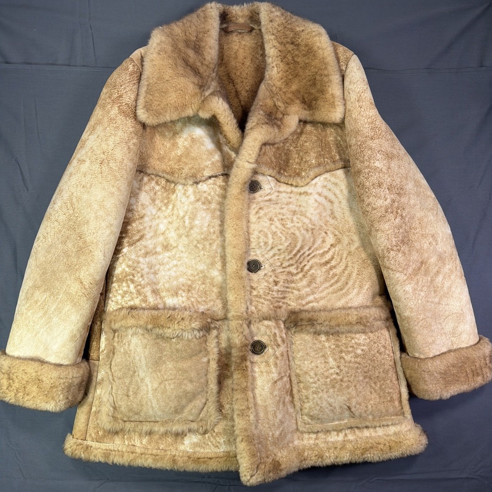 Vintage 80s Knight Tailors Sheepskin Shearling Ranch Coat Size 44 Marlboro Man